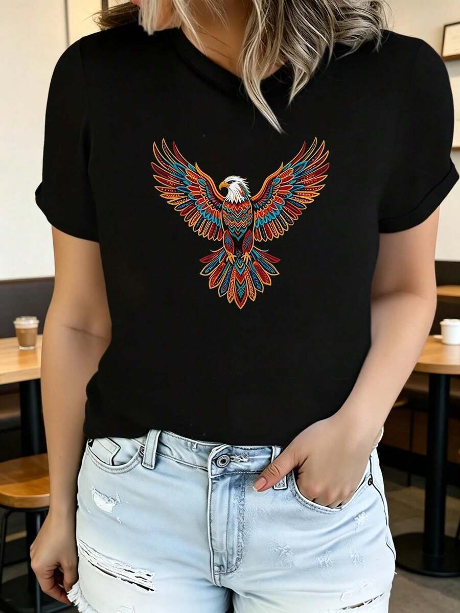 Women's Soft Printed Short Sleeve Summer T-Shirt With Eagle Design, Stylish And Casual, Machine Washable, Comfortable Fit, 2D Flat Print, Elegant Blouses For Women. - 黑色1 - 查看 1
