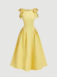 Vestido color albaricoque con cuello redondo, sin mangas, con ribete de contraste, lazo decorativo en la cintura y bajo acampanado - Amarillo claro - Ver 6