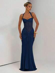 Vestido con tirantes finos, espalda descubierta, cintura ceñida y abertura alta, vestido de fiesta de vacaciones con parches de malla para boda - Azul marino - Ver 4