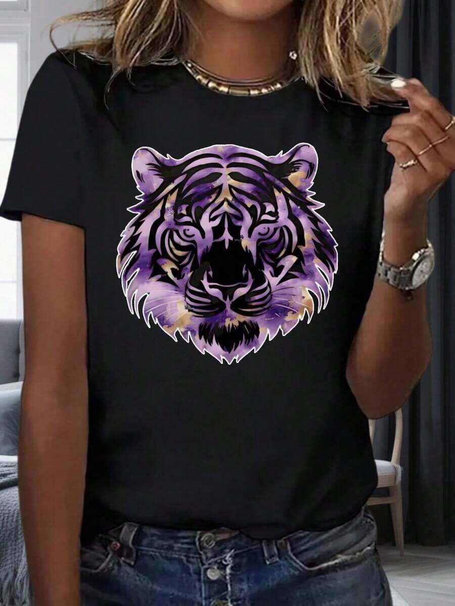 1 Piece Women's Purple Tiger Face Print T-Shirt, Casual Short Sleeve Top, Fashion Animal Print Tee, 220g, 100% Cotton. Women's Warm Clothing - 黑色 - 查看 1