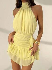 Vestido mini con cintura ceñida, volantes en el bajo y lazo en la espalda, para el Día de San Valentín - Amarillo claro - Ver 5