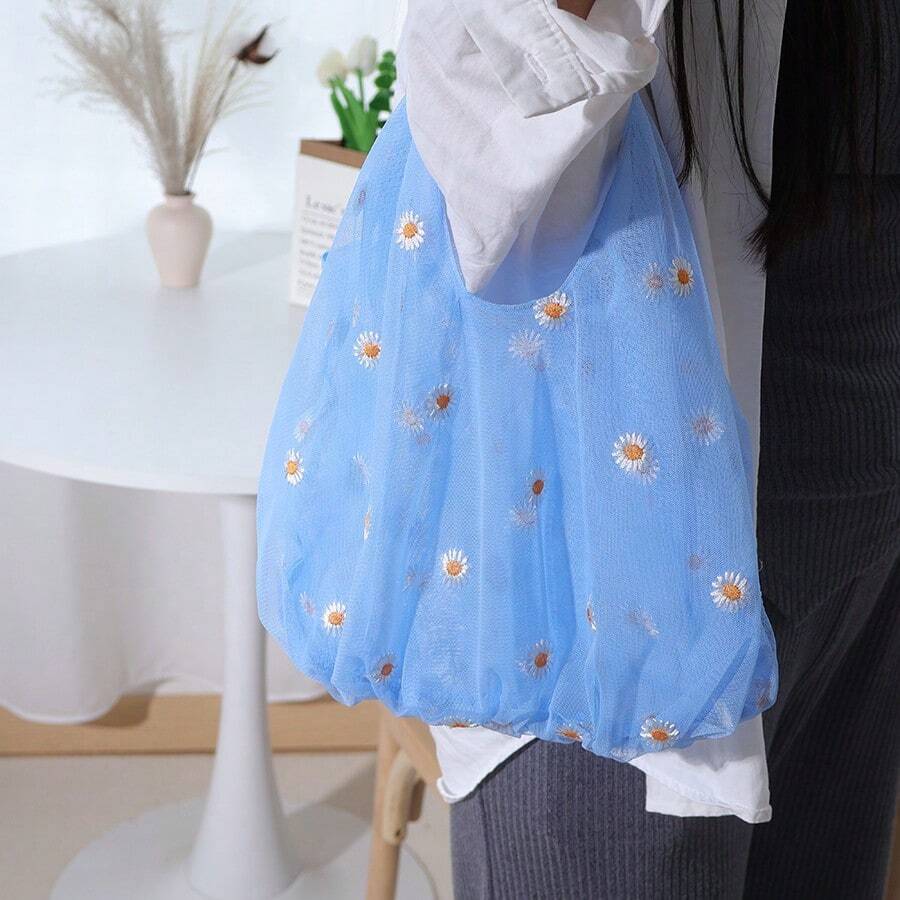 1 chiếc túi tote du lịch chống bám bẩn đa năng họa tiết hoa cúc xanh, nhẹ, in hình hoa cúc xanh. - Nhiều màu - Xem 1