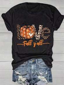 Thanksgiving Animal Print T-Shirt, Casual Short Sleeve Top For Spring And Summer, Women's Clothing, Loose Fit T-Shirt, Casual And Versatile, Y2k T-Shirt - 黑色 - 查看 1