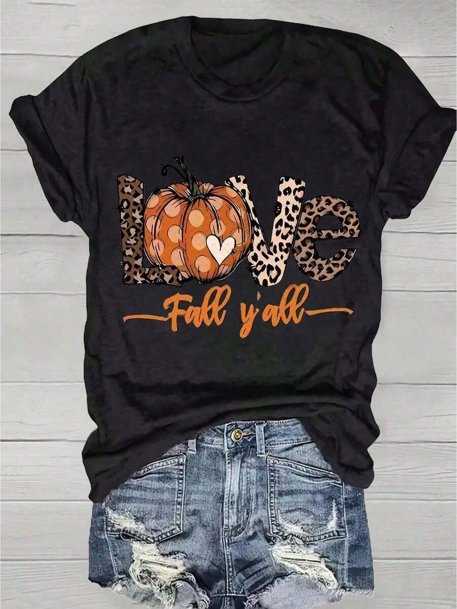 Thanksgiving Animal Print T-Shirt, Casual Short Sleeve Top For Spring And Summer, Women's Clothing, Loose Fit T-Shirt, Casual And Versatile, Y2k T-Shirt - 黑色 - 查看 1