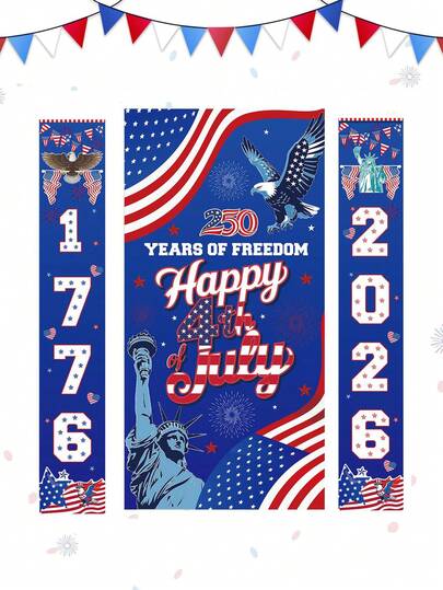 4pcs American 250th Anniversary Decorations, 1776-2026 Patriotic Porch Decor, American 250th July 4th Independence Day Red White Blue Indoor Outdoor Curtain