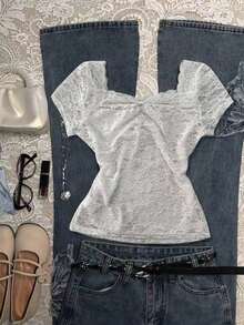 Blusa de encaje de unicolor elegante para mujer, de verano - Blanco - Ver 2