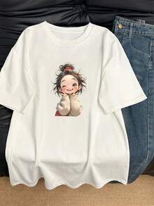 Playera gráfica casual juvenil para mujer - Camiseta de gran tamaño con estampado de cara linda, corte holgado, cuello redondo, camiseta casual para uso diario, tela no transparente para usar en capas, top para mujer lavable a máquina para comodidad en todas las estaciones, pieza para usar en capas, camiseta con estampado de dibujos animados, ropa de fácil cuidado, camiseta de manga corta, moda femenina. - Blanco - Ver 7