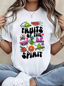FashionNEW Camiseta de Moda para Mujer con Estampado Gráfico Cristiano "Frutos del Espíritu" y Versículos de Galates 5:22-23, Alegría, Amor, Paz, Paciencia, Bondad, Gentileza, Fidelidad, Autocontrol, Generosidad, para Uso Casual, Ropa de Iglesia, Vida Diaria - Estilo Urbano Vintage, Unisex, Camiseta de Manga Corta de Algodón Suelto con Cuello Redondo - Blanco - Ver 1
