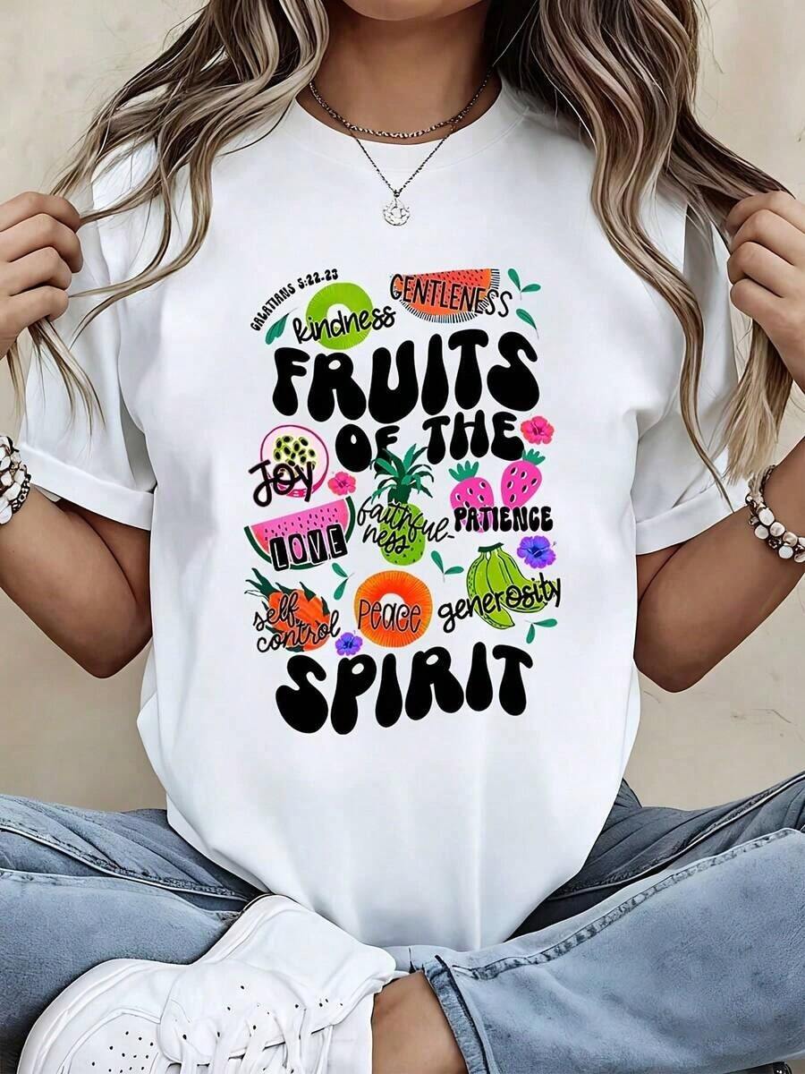 FashionNEW Camiseta de Moda para Mujer con Estampado Gráfico Cristiano "Frutos del Espíritu" y Versículos de Galates 5:22-23, Alegría, Amor, Paz, Paciencia, Bondad, Gentileza, Fidelidad, Autocontrol, Generosidad, para Uso Casual, Ropa de Iglesia, Vida Diaria - Estilo Urbano Vintage, Unisex, Camiseta de Manga Corta de Algodón Suelto con Cuello Redondo - Blanco - Ver 1