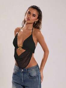 Top sin espalda con halter bordado de encaje y cuentas, apropiado para vacaciones en la playa - Negro - Ver 6