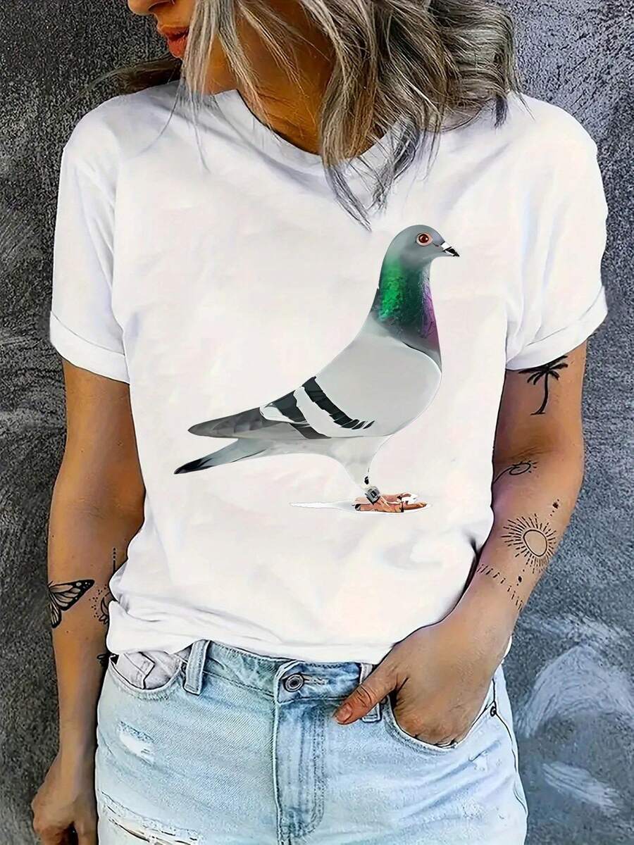 Women's Casual Sports T-Shirt With Creative Realistic Dove Print, Round Neck, Short Sleeve, Comfortable For Summer And Vacation. - 白色 - 查看 1
