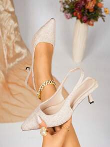 New Summer French Pointed Toe Stiletto Heel Sandals, Women Woven Texture Open Back Strap High Heel Shoes, Fashionable Commuting Pumps - Beige - View 7