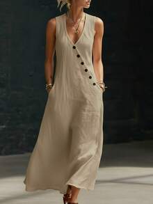 New 2026 Women's Summer Tank Dress Solid Color V-Neck Buttoned Sleeveless - 卡其色 - 查看 1