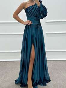 Off-The-Shoulder Print Dress With A Casual Slit For Everyday Wear - Blue - View 2