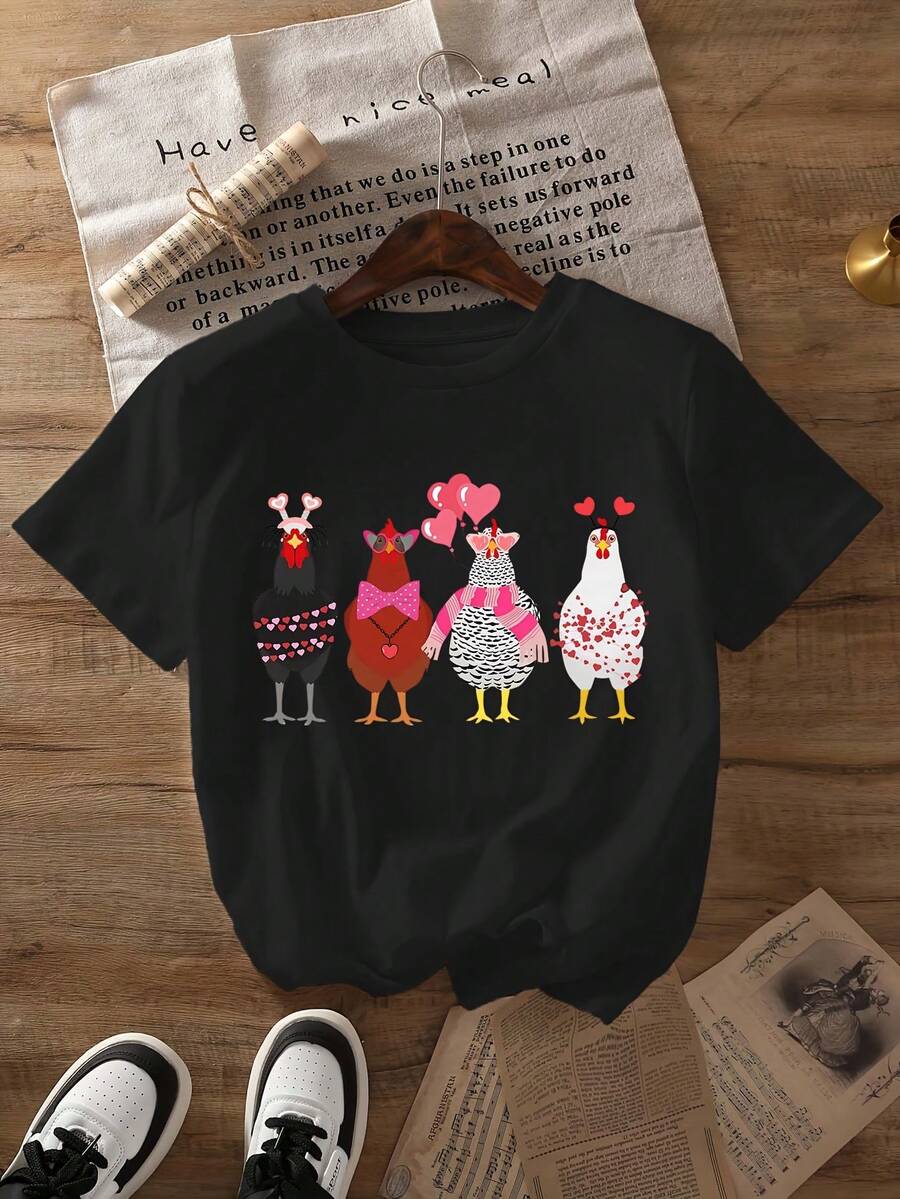 Women's T-Shirt With Chick Print For Valentine's Day - 4 Cute Cartoon Heart And Chick Designs, Short Sleeve, Round Neck, Casual Style, Machine Washable T-Shirt For Spring/Summer, Cute Design, Regular Fit, Women's Warm Clothing - 黑色 - 查看 1
