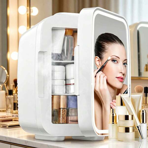 Travel Mini Fridge, 5L/6 Can Portable Skincare Fridge With Dimmable LED Light Mirror, Cooler & Warmer For Food, Drinks And Cosmetic, Small Refrigerator For Home Office
