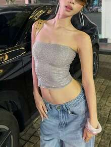 DOUCIU Sexy Metallic Bodycon Camisole Tank Top, Nightclub Style - Silver - View 2