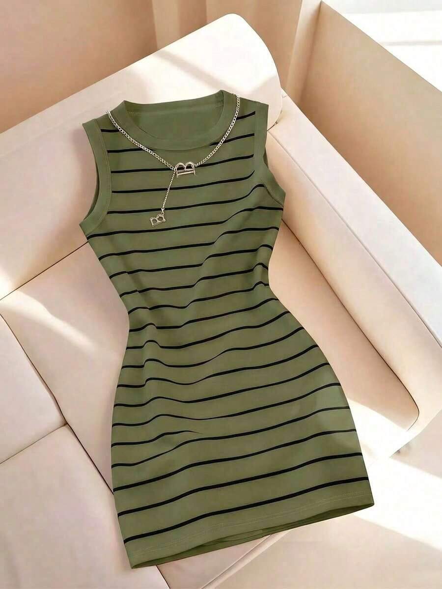 Vestido de mujer de cuello redondo ajustado sin mangas con estampado de rayas, primavera/verano - Multicolor 9 - Ver 1
