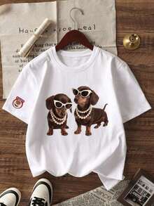 Camiseta de manga corta transpirable para mujer con estampado de perlas y gafas de sol de dachshund, top casual con temática de perro divertido, corte holgado, adelgazante, cómodo, transpirable, estilo retro americano, lindo y relajado, camiseta para mujer, perfecta para el trayecto diario/uso de amantes de mascotas/reuniones de chicas/ropa de campus/ropa de primavera y verano, top deportivo para mujer. - Blanco - Ver 2