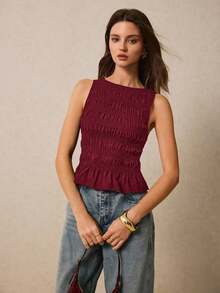 Camiseta de mujer informal de cuello redondo con pliegues de color liso y versátil - Burdeos - Ver 5