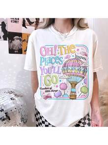 Camiseta de lectura cómoda para mujer, de manga corta, de una pieza, 180g, para vacaciones de verano, con el estampado "Oh, the Place You'll Go", camiseta con el tema "Little Things Teacher", camiseta con el tema del Mes Nacional de Lectura. - Blanco - Ver 12