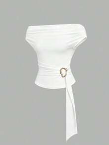 Blusa asimétrica sin tirantes de ajuste ceñido, de diseño elegante y con textura retro, de alta gama y minimalista, para mujer.Color marrón.Primavera/Verano - Blanco - Ver 1