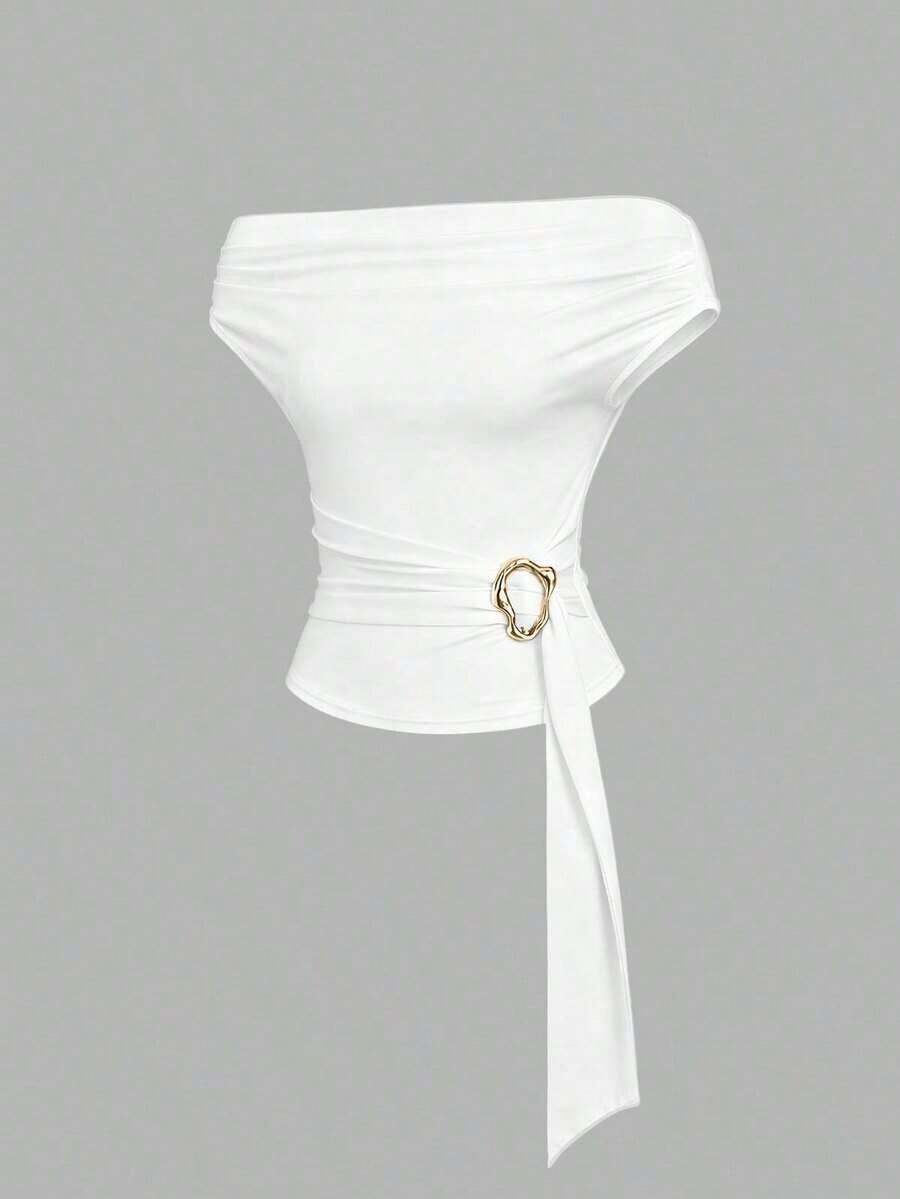 Blusa asimétrica sin tirantes de ajuste ceñido, de diseño elegante y con textura retro, de alta gama y minimalista, para mujer.Color marrón.Primavera/Verano - Blanco - Ver 1