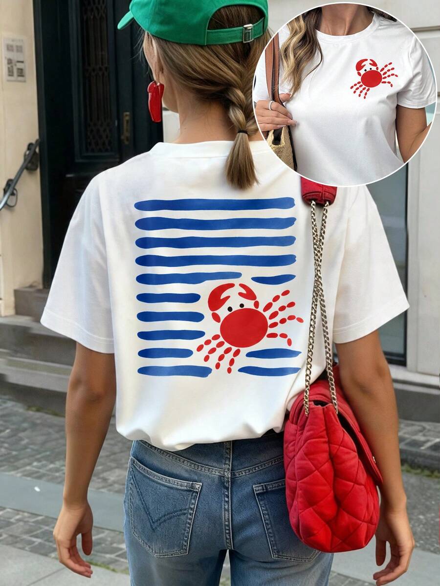 Graphic Print Drop Shoulder Short Sleeve Round Neck Women Casual Top, Spring/Summer White - White - View 1