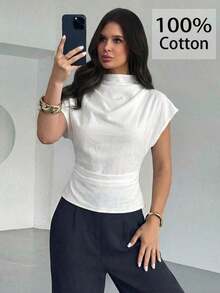Blusa de bambú y lino con cuello arrugado, mangas asimétricas, plisado lateral y cintura ceñida, para uso diario, color albaricoque, para todas las estaciones - Blanco - Ver 10