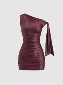 Nuevo vestido mini de verano de ajuste ceñido con cuello asimétrico, cintura fruncida y detalles de volantes laterales, en tela elástica con revestimiento de color vino tinto, adecuado para club, fiesta, cóctel y uso diario - Burdeos - Ver 6