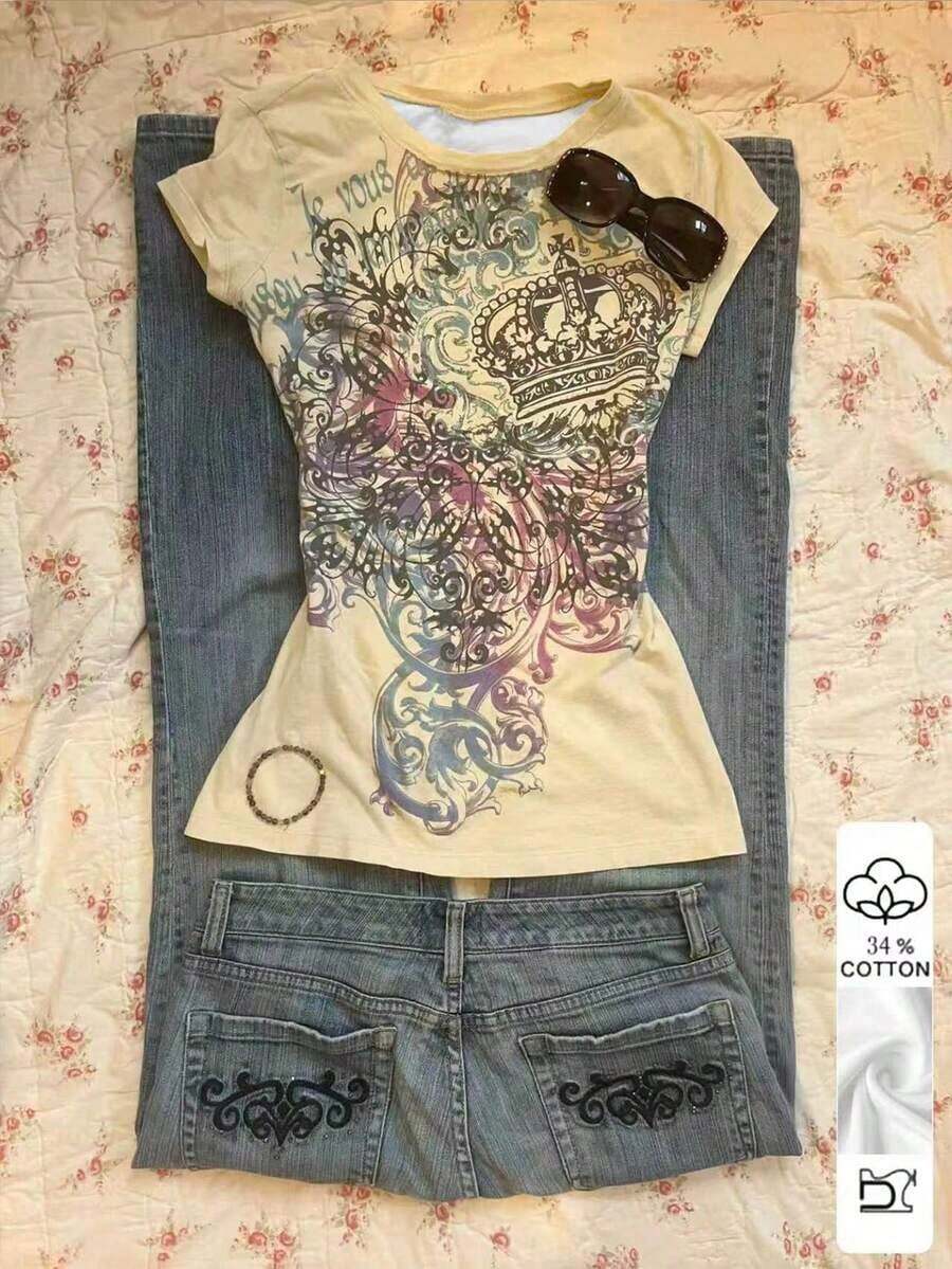Camiseta de manga corta ajustada con estampado digital para mujer - Multicolor 3 - Ver 1