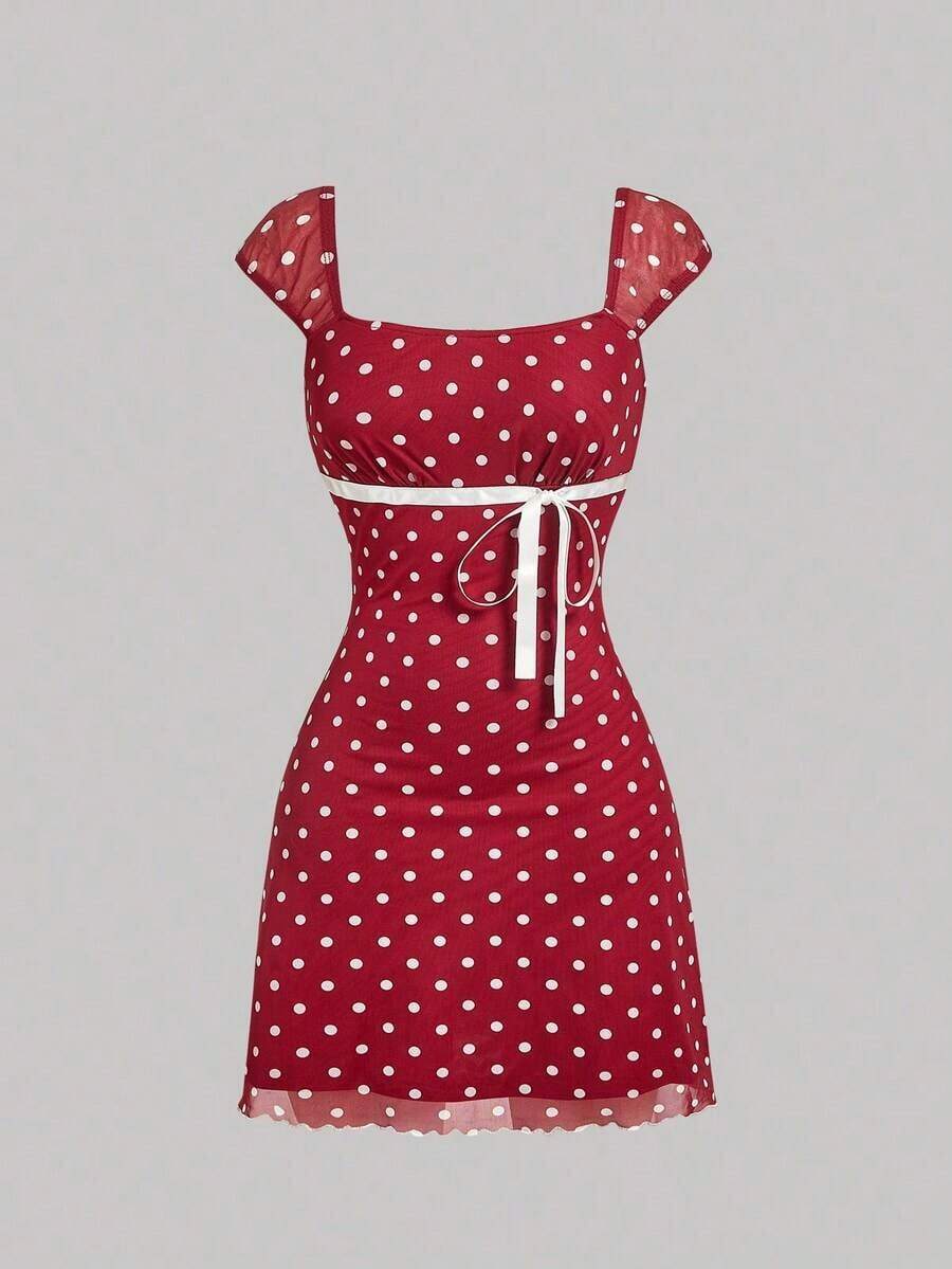 Vestido de mujer vintage con lazo y plisado de malla - Burdeos - Ver 1