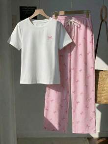 2 piezas Conjunto de top de manga corta con estampado floral bordado falso y rayas y pantalones a rayas, atuendo casual adecuado para el uso diario, citas, fiestas, otoño/invierno/verano, Navidad, Año Nuevo, Acción de Gracias, fiestas, bodas, - Multicolor 7 - Ver 2