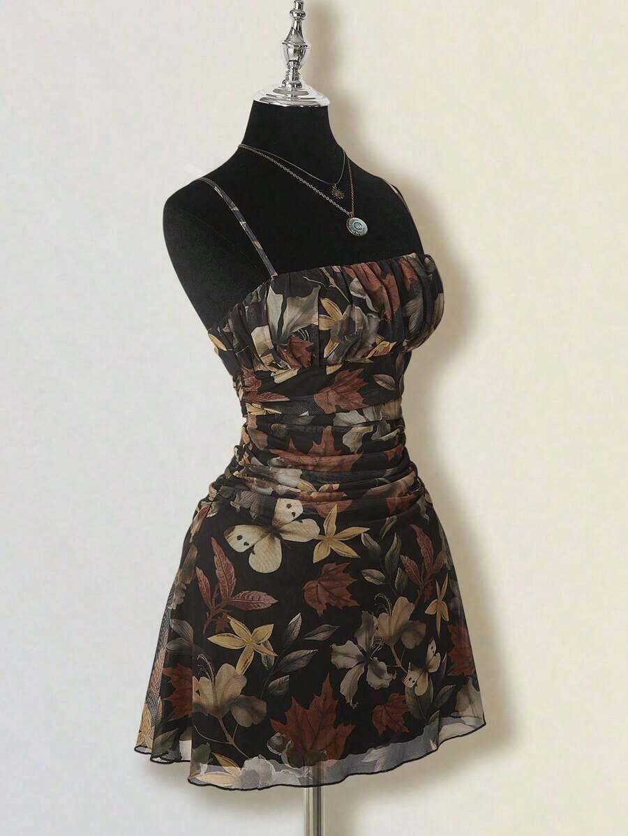 Vestido mini plisado con estampado de hoja de arce vintage para mujer, adecuado para vacaciones de verano y ropa de vuelta al colegio - Multicolor - Ver 1
