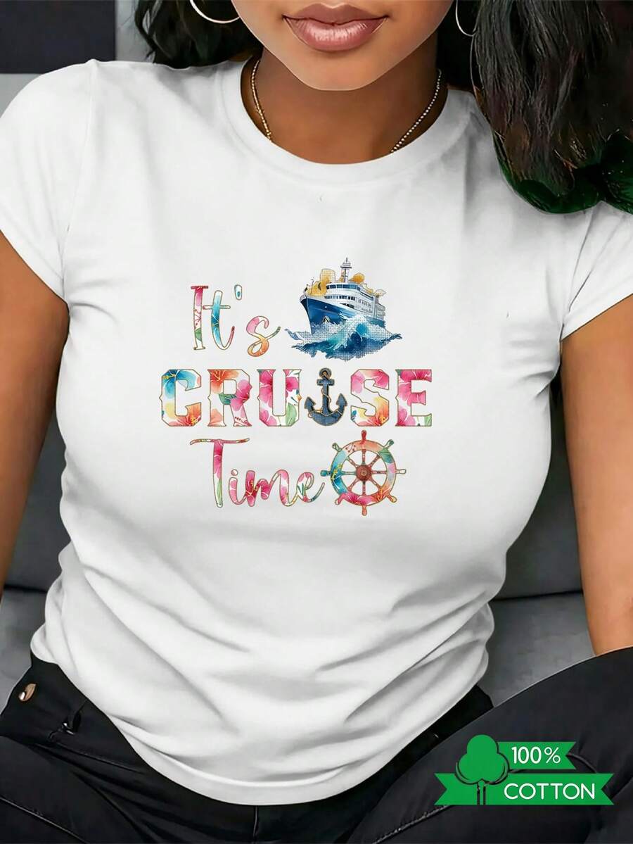 1 camiseta de mujer con cuello redondo, estampado de letras y anime, de diseño sencillo, cómoda y transpirable, adecuada para el uso diario informal, que muestra un estilo veraniego refrescante, imprescindible para fiestas, envío local. - Blanco - Ver 1