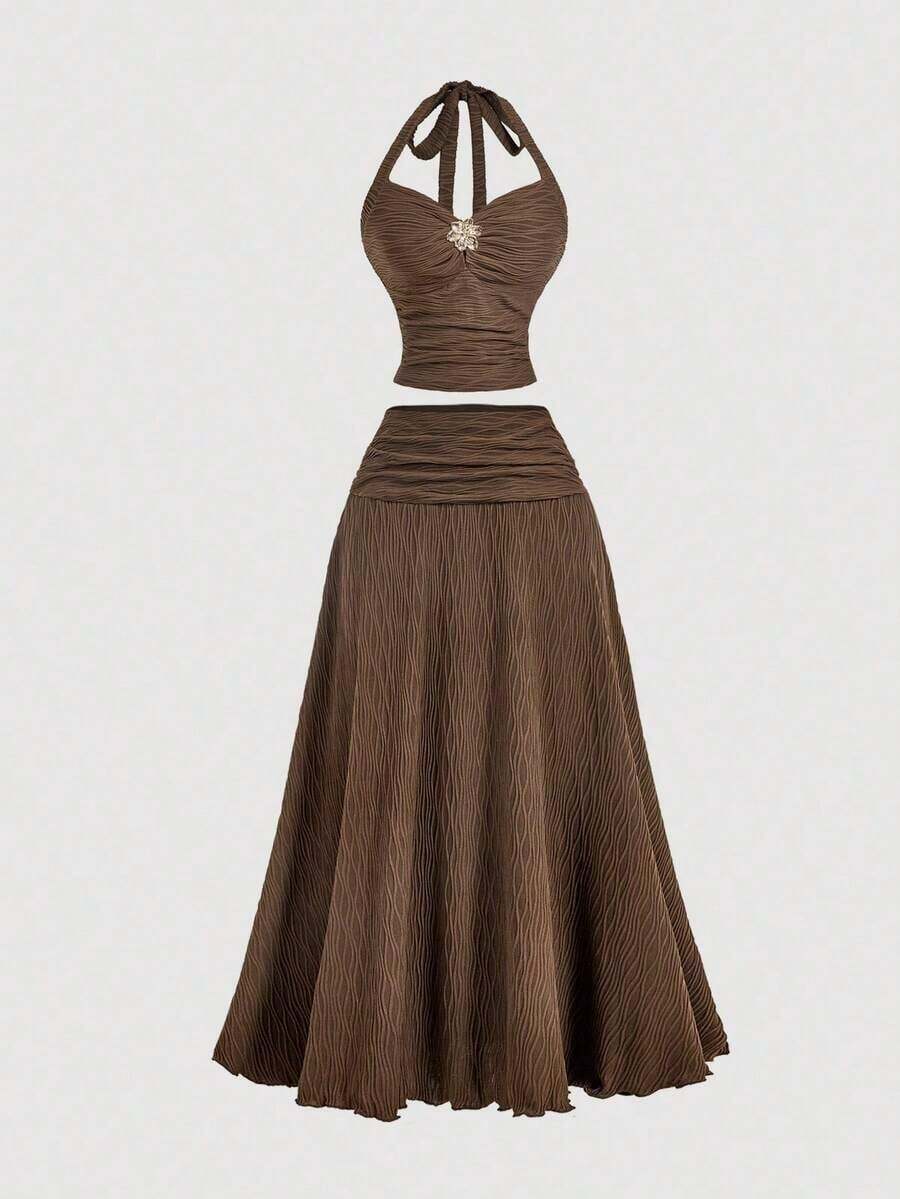 Set de 2 piezas de top halter y minifalda de jacquard para mujer, conjunto de falda y top blanco, ropa de otoño para mujer, atuendo para fiesta, boda, salida, conjunto elegante de mujer, conjunto chic de mujer, ropa de campo para mujer - Marrón - Ver 1