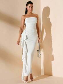 Vestido de dama de honor de boda de verano, vestido largo blanco con pliegues, abertura alta, volantes y tiras para fiesta, sin mangas y sin tirantes, sexy - Blanco - Ver 8