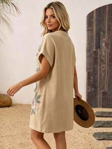 Vestido casual de mujer de cuello redondo y longitud media con estampado, para verano - Multicolor 6 - Ver 4