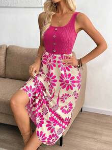 Vestido ajustado sin mangas con estampado de retazos de estilo vacacional para mujer - Rosa - Ver 3