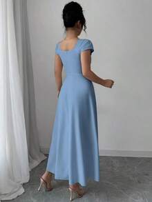 Vestido elegante de manga raglán y cuello cuadrado con detalle cruzado en el busto, de unicolor para mujeres - Azul - Ver 2