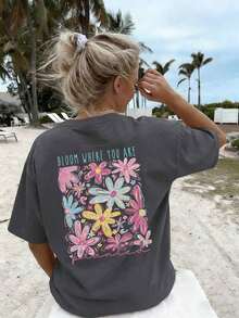 Camiseta de mujer con estampado de letras de cuello redondo y manga corta, estilo casual y versátil para vacaciones, adecuada para uso diario, vacaciones y moda de verano - Albaricoque - Ver 9