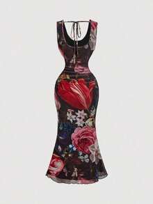 Vestido midi para mujer con escote profundo, cinturón y panel de malla, color rojo - Multicolor 3 - Ver 3