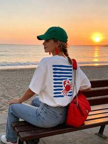 3 piezas de camisetas casuales de primavera y verano para mujer con un sencillo diseño de estampado de cangrejo, con mangas cortas y cuello redondo.|Moda Urbana Local de Primavera/Verano||Uso Casual Diario Primavera Verano Moderno Moldeador|Conjunto de verano para mujer, ropa de vacaciones|Blusas elegantes para mujer, ropa de primavera, blusas de verano. - Negro - Ver 10