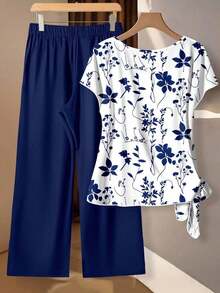 Clasi Conjunto de 2 piezas de blusa con moño elegante y minimalista en color rosa, combinada con pantalones de pierna ancha con estampado floral, adecuado para el verano - Multicolor 5 - Ver 3