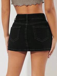 Falda en mezclilla de talle alto ajustado - Negro - Ver 2