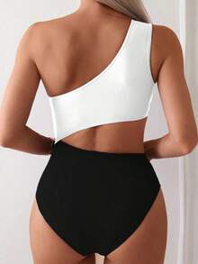 Swim 1 pieza Traje de baño de una pieza para mujer con diseño calado y fruncido en color liso - Blanco y Negro - Ver 2