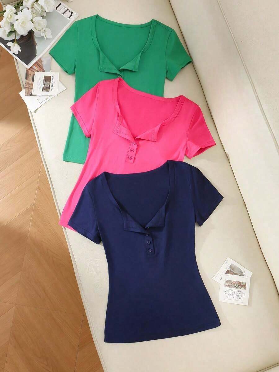 3 piezas Camisetas de manga corta casuales y versátiles de unicolor con pliegues para mujer - Multicolor 4 - Ver 1