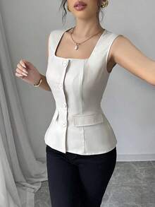 Blusa elegante de mujer con cuello cuadrado sin mangas, decoración con bolsillo falso, camisa ajustada de oficina, primavera/verano - Albaricoque - Ver 3