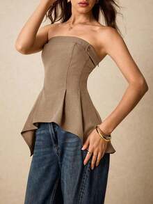 Blusa minimalista lisa para mujer, ropa occidental para mujer, blusas para salir para mujer, estilo Y2K, para conciertos, adecuada para uso diario, calle, citas, ir al trabajo y otras ocasiones - Caqui - Ver 4