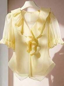 Blusa casual con cuello en V, mangas con volantes y pétalos - Amarillo - Ver 5